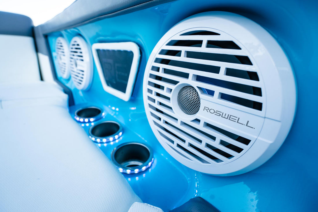 Roswell marine white speaker in blue boat