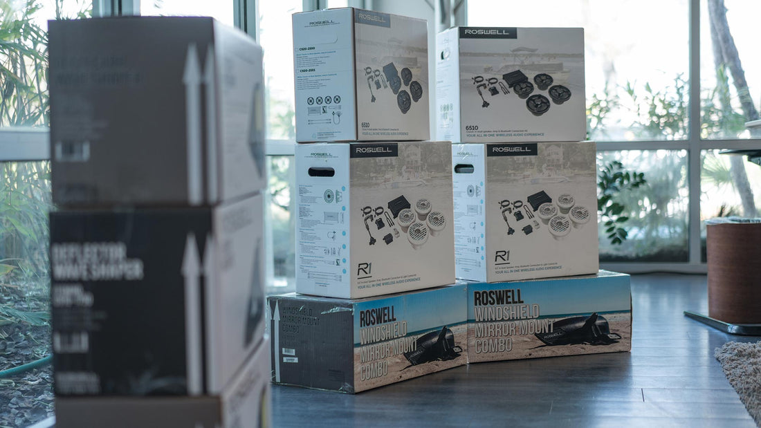 Roswell Marine packaging boxes stacked on top of each other