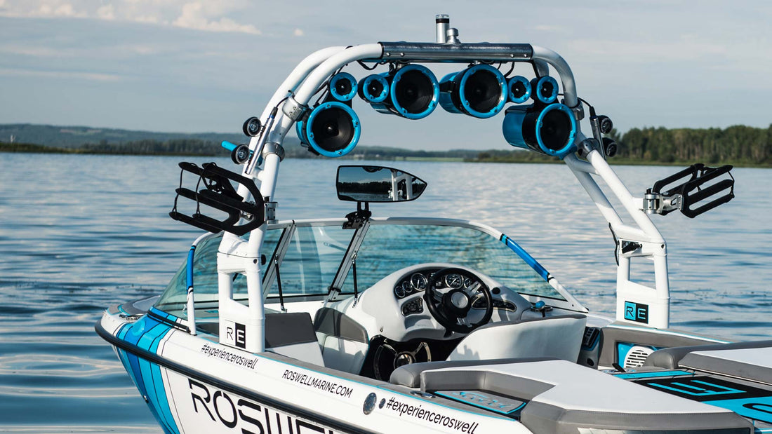 Roswell Tower speakers and racks on boat in the water