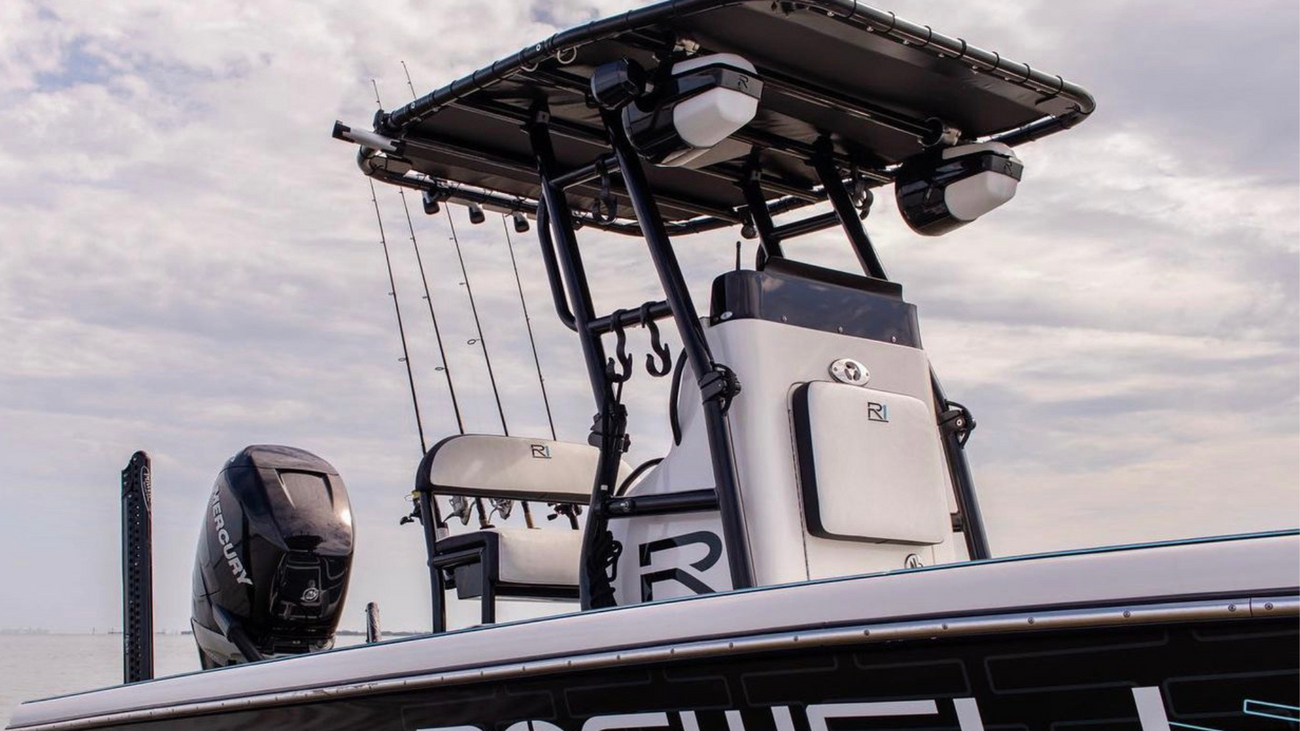 Roswell Marine boat with t-top tower, rod holders, and tower speakers